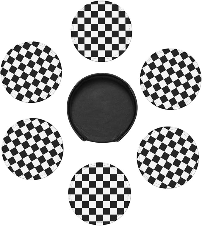 Drink Coasters with Holder Stand Set of 6 Black and White Checkerboard Pu - Image 5