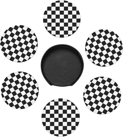 Drink Coasters with Holder Stand Set of 6 Black and White Checkerboard Pu - Image 5