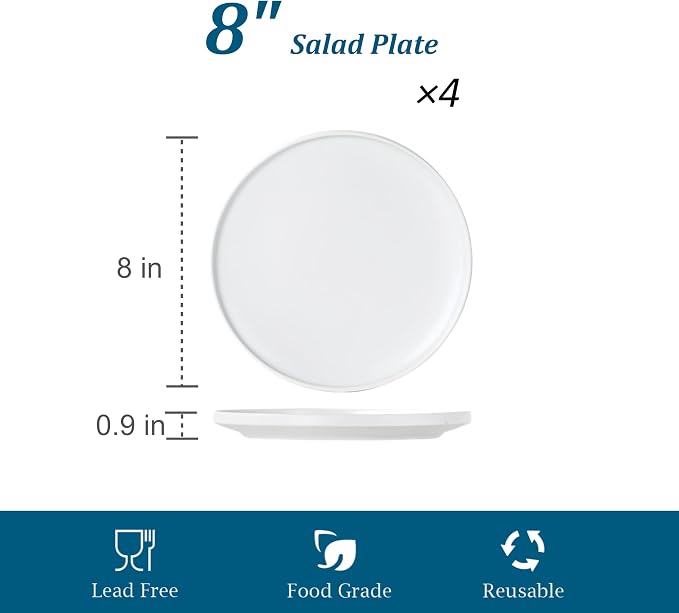 Ceramic Salad & Dessert Plates Set, 8 Inch, Modern White | Stoneware, - Image 3