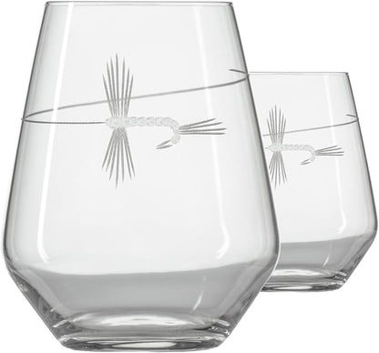 Rolf Glass | Fly Fishing Stemless Wine Tumbler 18 ounce | Stemless Wine Glasses | Set of 2 | Lead-Free Glass | Engraved Tumbler Glasses | Made in the US
