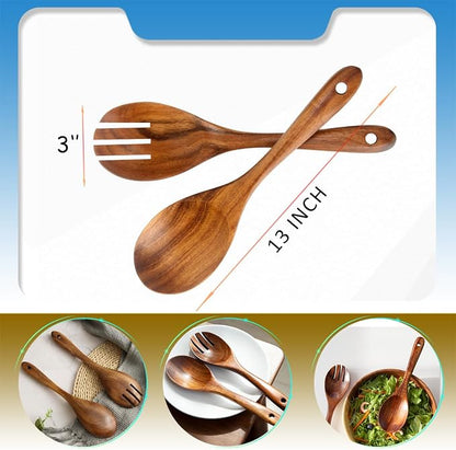 13-Inch Teak Wood Salad Spoon and Fork, Large Wooden Salad Serving Spoon and - Image 7