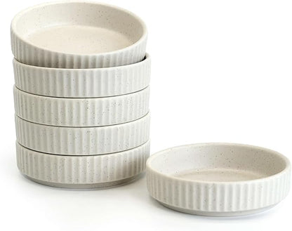 Ceramic Dipping Bowls Set of 6, 4oz Sauce Dishes, 3.74 Inch Diameter, Oxford White with Vertical Texture, Stackable & Dishwasher Safe (White)