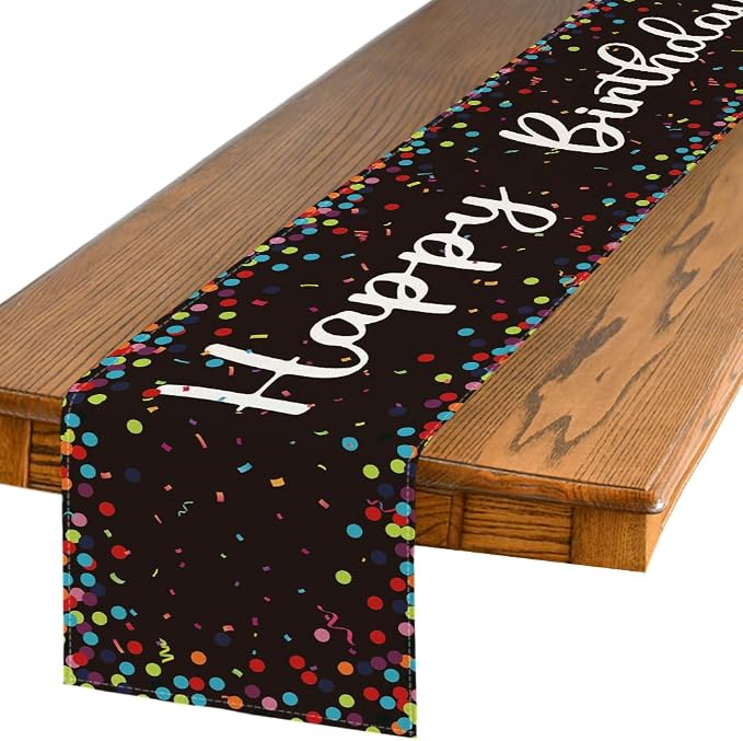 Artoid Mode Polka Dot Black Happy Birthday Table Runner, Seasonal Kitchen by ArtoidMode