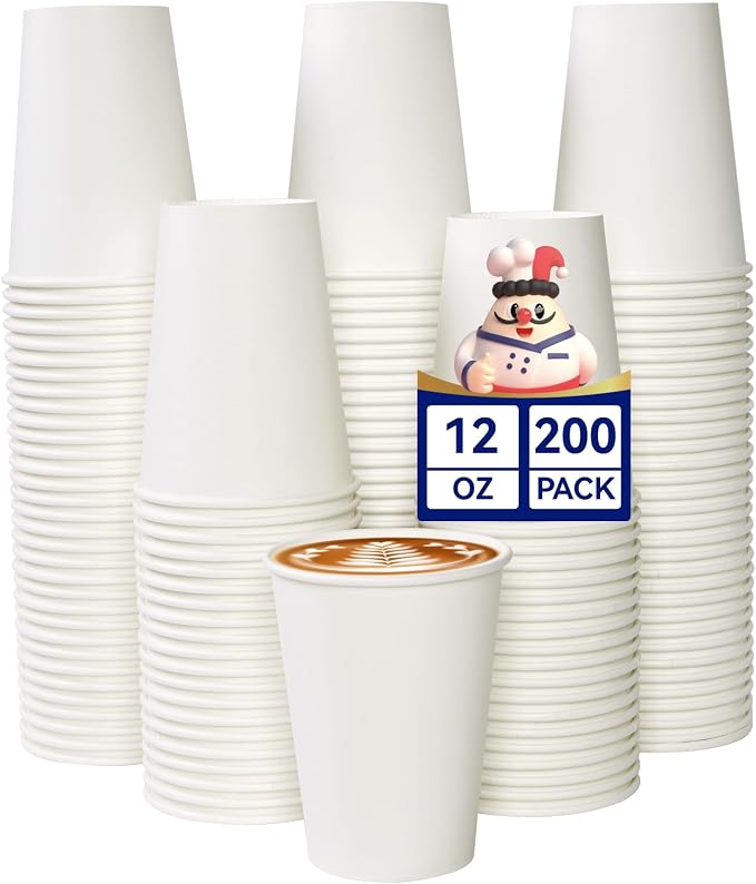 JOLLY CHEF 200 Count 12 oz Coffee Cups, Leak-Proof White Paper Cups by JOLLYCHEF