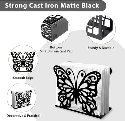 Butterfly Decorative Black Metal Napkin Holder for Table, 5.3" x 4.4" x 2" Insect Animal Standing Napkin Holder for Home Kitchen Restaurant Picnic Party Coffee Bar Dining Room