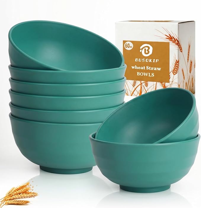 60oz Large Cereal Bowls Sets of 8, Unbreakable & Stackable Wheat Straw Bowls by BUSOKIP