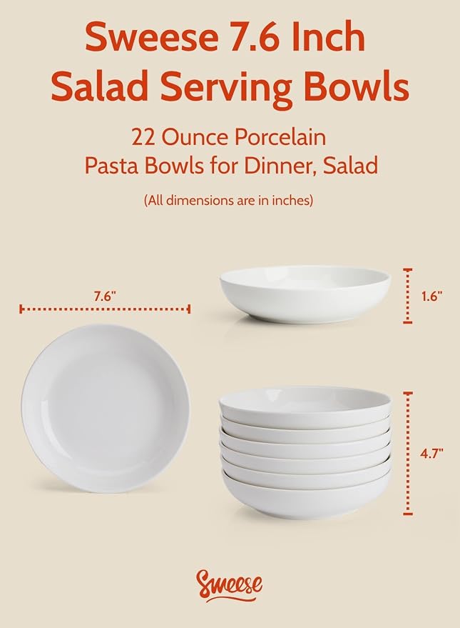 Sweese 22oz Porcelain Pasta Bowls Set of 6-7.6 Inch White Salad Serving Plates - Image 2