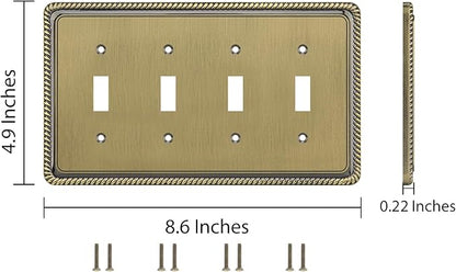 Henne Bery Rope Edge Decorative Wall Plate Switch Plate Outlet Cover (Quad Toggle, Antique Brass)