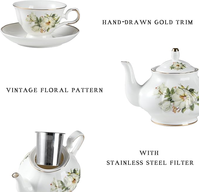 Sweejar Porcelain Tea Set Vintage Floral, British Relief Gold Rim Teapot Cup - Image 2