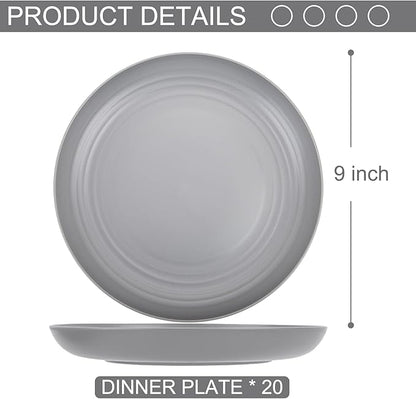 LIYH 20 Pcs Grey Wheat Straw Plastic Plates - 9 Inch Unbreakable Dinner Plate Reusable - Dishwasher & Microwave Safe, Camping Outdoor Plates