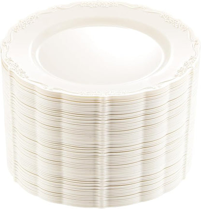 DaYammi 60PCS Ivory Plastic Plates, Party Plates Disposable Heavy Duty Disposable Plates Premium 7.5inch Ivory Dessert Cake Salad Appetizer Plate Hard Plastic Platos Disposable for Party Wedding