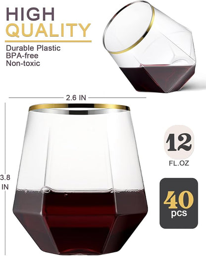 40 Pack Plastic Wine Glasses, 12 Oz Disposable Cocktail Whiskey Glasses | Gold - Image 6