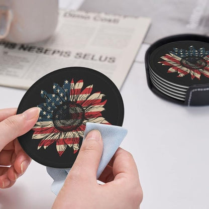 6 Pcs America Sunflower Flag 4th July Patriotic Leather Coasters - Image 6