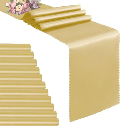 VACVELT Gold Satin Table Runners, 12x72 Inch, 12 Pack, Scalloped Edge | Silky by VACVELT