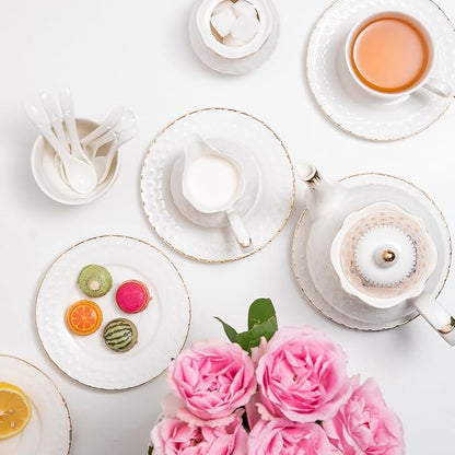 Sweejar 21 Pieces Porcelain Tea Set, Vintage Gold Trimmed Teapot Cup and Saucer - Image 4