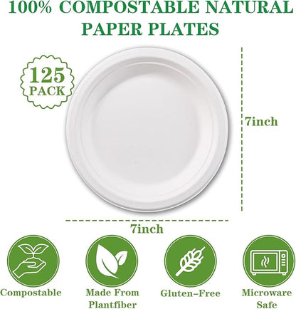 DaYammi 100% Compostable Paper Plates 7 Inch, 125-Pack Heavy Duty Paper Plates Bulk,Biodegradable Bagasse,Eco-Friendly Disposable Dessert Plate for BBQ,Picnic,Party (BPI Certified,Microwaveable)