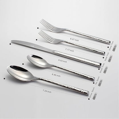 20-Piece Forged Hammered Stainless Steel Flatware Cutlery Set for 4, SXY INOX Includes Dinner Knives,Dinner Forks, Tea Spoons, Dinner Spoons, Salad forks, Mirror Polished - Dishwasher Safe