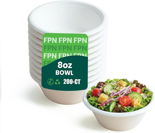 Disposable Paper Bowls, 200 Pack 8 oz, Heavy-Duty Compostable, Eco-Friendly, Bagasse Bowl for Soup, Salad, Dessert & More