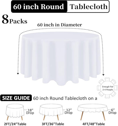 8 Pack White Round Tablecloth 60 Inch White Table Cloth (Fits 20-48 Inch Tables) Stain and Wrinkle Resistant Reusable and Washable Polyester Fabric for Buffet Wedding Party and Banquet