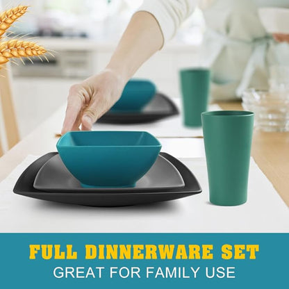 Teivio 16-piece Plastic Wheat Straw Square Dinnerware Set - Image 6