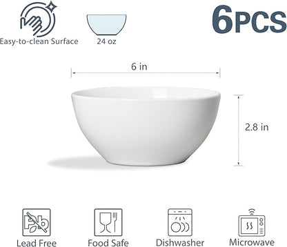 ONEMORE White Ceramic Bowls Set of 6, 24 oz Soup and Cereal Bowl- Microwave & Dishwasher Safe, Porcelain Dinner Bowls, Individual Salad Serving Bowl, Deep Interior, Scratch-Resistance, Stackable