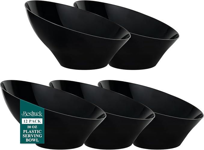 Bestluck 20 Oz Black Plastic Party Bowls, 12 Pack | Disposable Snack Bowls by Bestluck