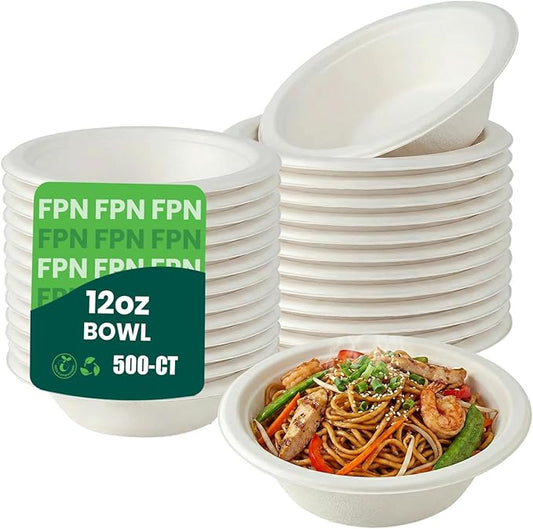 Disposable Paper Bowls (500 Pack 12 oz), Heavy-Duty Compostable, Eco-Friendly, Bagasse Bowl for Soup, Salad, Dessert & More