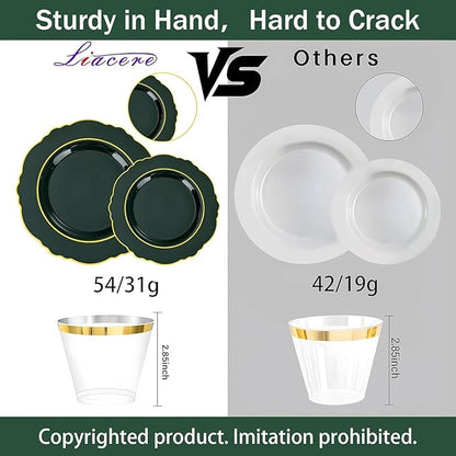 Liacere 350PCS Green Plastic Plates - Dark Green Disposable Plates With Gold Rim - 50Guest Baroque Plastic Dinnerware include 100Plates-50Pcs Pre Rolled Napkins with Silverware 50Cups for Christmas
