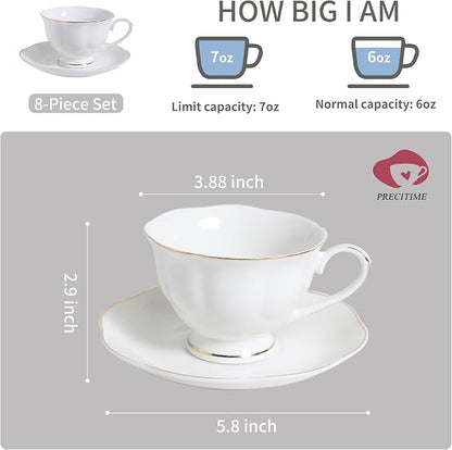 White Ceramic Tea Cup and Saucer Set of 8 - 6oz Elegant Porcelain Cups - Image 2