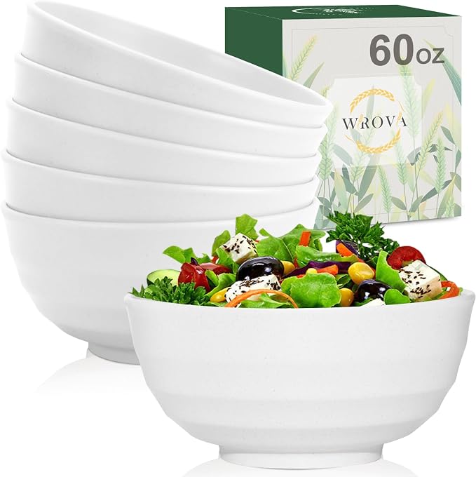 Wheat Straw Bowls Set 60 OZ, Unbreakable Large White Bowls Set of 6, Microwave by WROVA