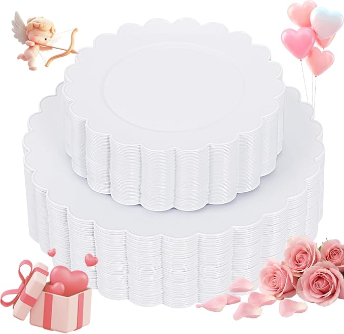 100Pcs White Scalloped Plastic Plates Set by supernal
