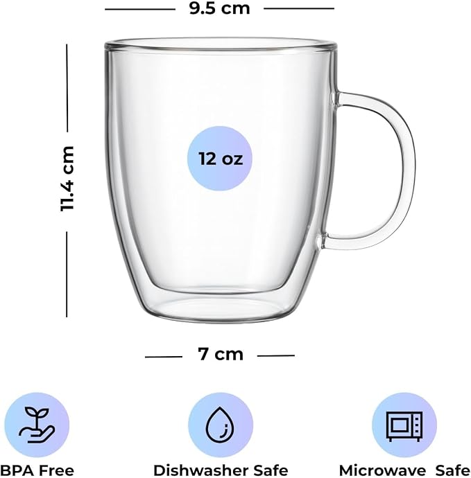 Lucco Double Walled Glass Coffee Mugs - 12 oz Borosilicate Cups - Image 2