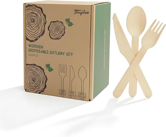 300 Pack Wooden Cutlery Set (100 Forks, Spoons, Knives) - 6 Inch Disposable Birch Wood Utensils for Thanksgiving & Christmas Parties - Heavy Duty, Splinter-Free Biodegradable Cutlery