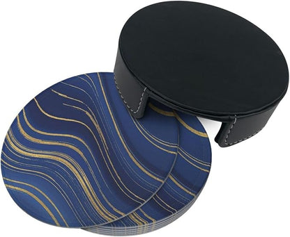 6 Pcs Abstract Geometric Navy Blue Marble Gold Stripes Leather Coasters - Image 5