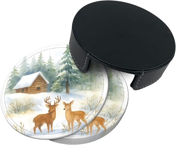 Winter Watercolor Blue Green Tree Cabin Deer Coasters - Image 7