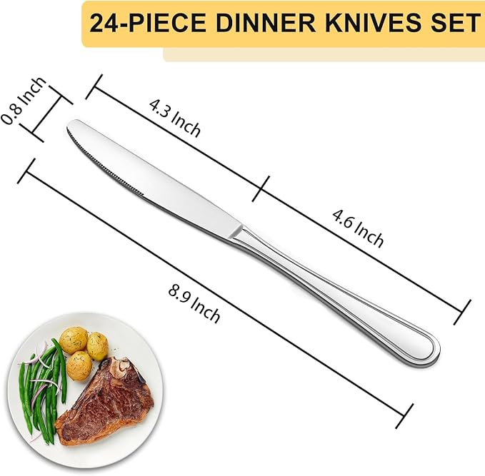 BEWOS 24-Piece Dinner Knives, 8.9-Inch Dinner Knife Set, Butter Knife, Food - Image 2
