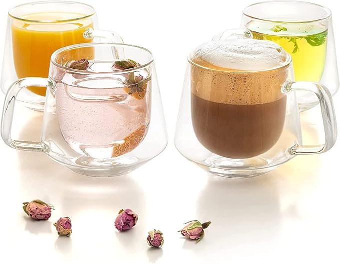 Moss & Stone Set of 4 Double Wall Glass Cup Clear Mug, Double Walled Coffee by Mossstone