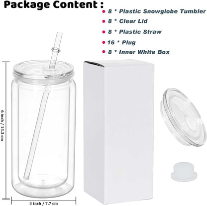 16 Oz Plastic Snowglobe Tumbler, 8 Pack Pre-Drilled Double Wall Plastic Clear - Image 6