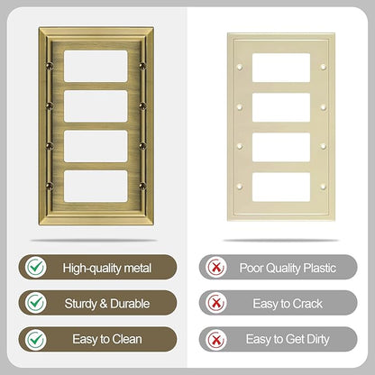 Metal Wall Plate for Electrical Outlets, Decorative Antique Brass Switch Plates Outlet Cover, Light Switch Cover Plate, 4-Gang Wall Plates (Quad Decorator, 1 Pack)
