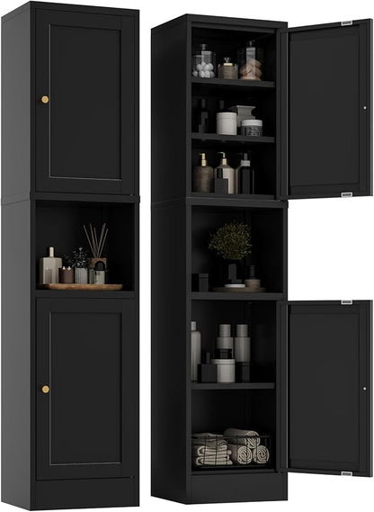 2-Door Metal Storage Cabinet, Tall Slim Pantry Organizer with 3 Adjustable Shelves (120LBS/Shelf), Anti-Tipping Waterproof Cabinet for Bathroom/Kitchen/Home Office/Small Spaces, (1PC,Black)