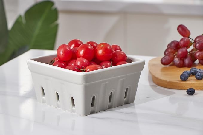 ONEMORE Ceramic Berry Basket, Square Fruit Bowls, Rustic Stoneware Berry - Image 3