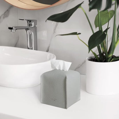 Carrotez Tissue Box Cover, [Refined] Modern PU Leather Square Tissue Box Holder - Decorative Organizer for Bathroom Vanity Countertop, Night Stands, Office Desk & Car 5"X5"X5" - Pastel Grey