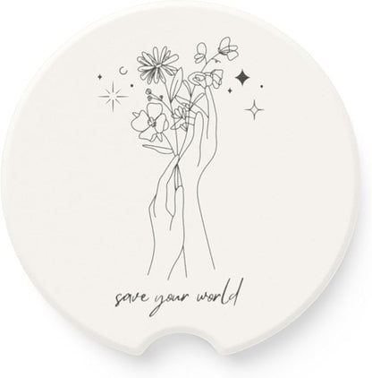Absorbent Soapstone Car Coaster, Save Your World, Minimalist Black and White Floral Design, Ceramic Coaster