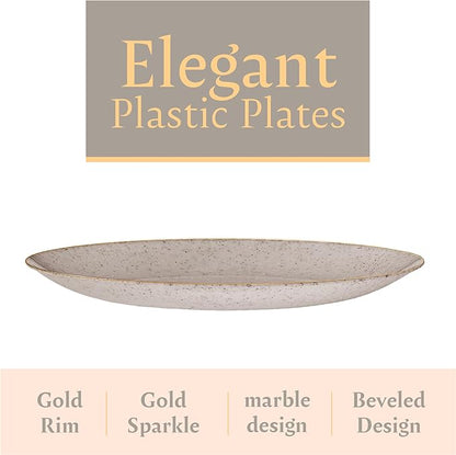 PLASTICPRO 30 Pack Disposable Plastic Plates Heavyweight Granite Look Elegant 10 inch Dinner Plates Grey with Gold Rim