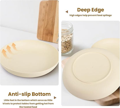 Deep Dinner Plates Set of 8, Wheat Straw Plate 9 Inch, Lightweight and Unbreakable Plastic Plate Reusable, Microwave & Dishwasher Safe Camping Plates for Picnic, Outdoor, Travel (Beige)