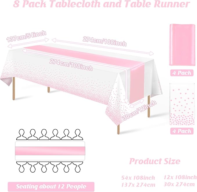 8Pack Disposable Plastic Tablecloths and Satin Table Runner Set White Pink Dot - Image 2