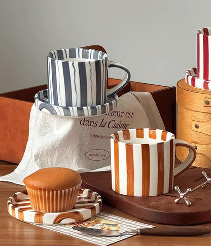 Cup and Saucer Set Hand-Painted Red Stripes, 8 Oz Ceramic Coffee Mug, Espresso - Image 9