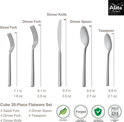 Alata Cube Matte Satin&Cube Black 20-Piece Forged Silverware Set Stainless Steel Flatware Set