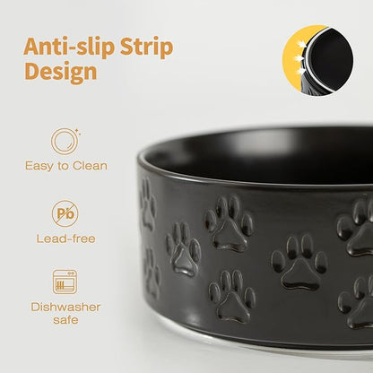 Ceramic Dog Bowl Set, 7.3" Dog Bowls with Anti-Slip Rings for Medium Breed Dogs, 5 Cup Food and Water Bowls, Pet Dishes for Medium-Sized Dogs, Dishwasher Safe (Double Bowls - Black, 7.3 inch)