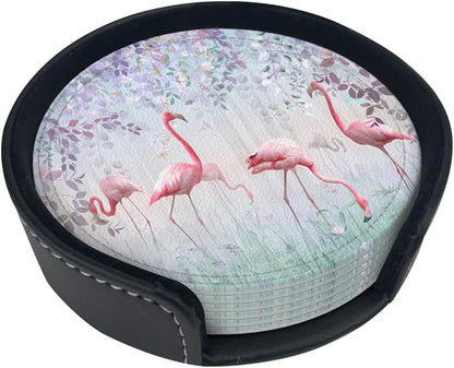 6 Pcs Pink Cute Flamingo Modern Art Boho Leather Coasters - Image 5